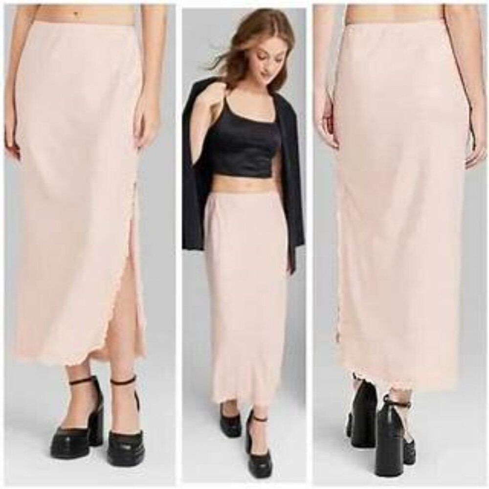 Wild Fable Light Pink Satin Maxi Length Slip Skirt Lace Hemline w/Slit Large
